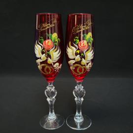 Винтажные бокалы СССР, пара из красного стекла с росписью и свадебным декором Со вечной любовью.
