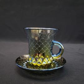 Винтажная чайная пара СССР. Стеклянная чашка с блюдцем, оливковый иризирующий оттенок