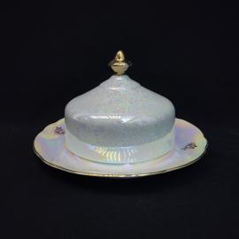 Винтажная масленка с крышкой, фарфор СССР. Перламутровый сервировочный предмет Камелия ГДР