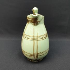 Винтажный кувшин с крышкой СССР. Керамический сервировочный сосуд, мятный с коричневым декором