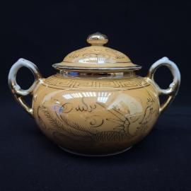Винтажная сахарница СССР. Фарфор с крышкой, ручками и орнаментом в восточном стиле