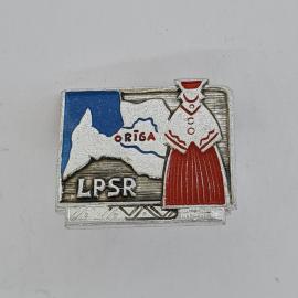 Значок СССР. Рига, Латвия, карта и девушка в национальном костюме. Винтажный значек.