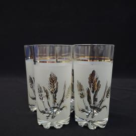 Винтажные стаканы СССР, 4 штуки. Стекло с матовым узором колосья и золотистой каймой