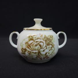 Винтажная сахарница СССР. Фарфор с крышкой, цветочный декор, позолота, советская посуда