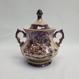 Винтажная сахарница СССР. Керамика с крышкой, рельефный декор, перламутровая глазурь