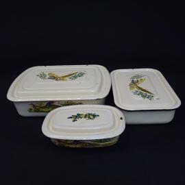 Лотки эмалированные винтажные, СССР. Набор 3 шт., с крышками, декор с птицами