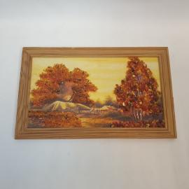 Панно винтажное, СССР. Настенное декоративное панно с янтарной крошкой, пейзаж в раме