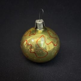 Елочная игрушка винтажная, СССР. Стеклянный шар золотистый с красным узором, подвесная