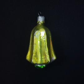 Елочная игрушка винтажная, СССР. Стекло, подвеска колокольчик с зеленым ягодным узором