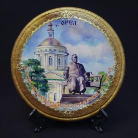 Тарелка сувенирная настенная. Орел, с изображением памятника Лескову и храма, 15 см