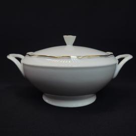 Супница винтажная, СССР. Фарфоровая с крышкой, белая с золотистой отводкой и ручками