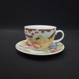 Чайная пара винтажная, СССР. Фарфор, чашка с тарелкой, цветочный декор, надпись кофе