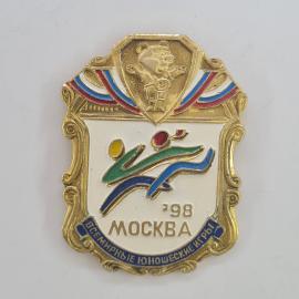 Значок СССР. Москва 98, всемирные юношеские игры, спорт, мишка. Винтажный значек.