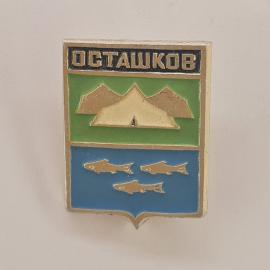 Значок СССР. Осташков, Тверская область, герб с палаткой и рыбами. Винтажный значек.