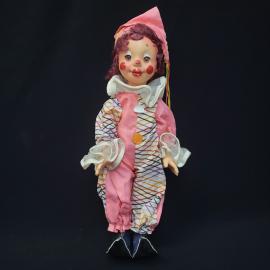 Кукла винтажная, СССР. Пластмассовая, в костюме клоуна, с прошивными волосами и росписью лица