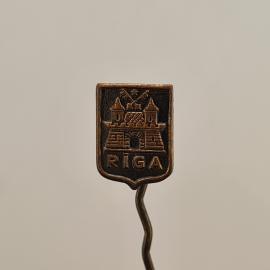 Значок СССР. Рига, Латвия, городская архитектура, башни и крепость. Винтажный значек.