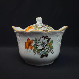 Супница винтажная, СССР. Фарфор с крышкой, цветочный декор, Дулево, 1951 год