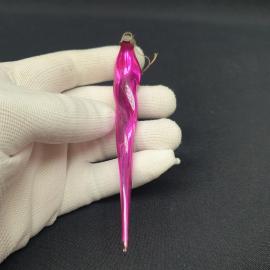 Елочная игрушка винтажная, СССР. Стеклянная подвеска сосулька, малиновая, 14 см