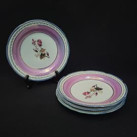 Тарелки винтажные, СССР. Набор 4 шт., фарфор, розовый цветочный рисунок