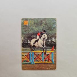Карманный календарик СССР 1987. Конный спорт, всадник на лошади через барьер. Советский сувенир