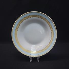 Тарелка винтажная, СССР. Фарфор KFZ Porcelain, белая с голубым и золотистым декором
