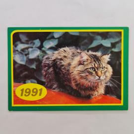 Карманный календарик СССР 1991. Пушистая кошка, домашние животные. Советский календарь