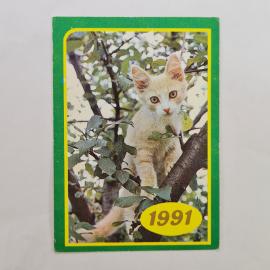 Карманный календарик СССР 1991. Котенок на дереве, животные. Советский календарь винтажный