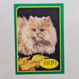 Карманный календарик СССР 1991. Пушистый кот, домашние животные. Советский календарь
