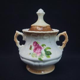 Сахарница винтажная, СССР. Керамика, с крышкой, с цветочным декором и фигурными ручками