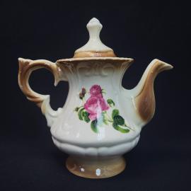 Чайник винтажный, СССР. Керамический, с крышкой, с цветочным декором в виде розы