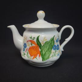 Чайник винтажный, СССР. Фарфоровый заварочный чайник с крышкой, цветочный рисунок