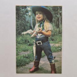 Карманный календарик СССР 1991. Девочка в костюме ковбоя, дети. Советский календарь винтажный