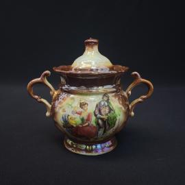 Сахарница винтажная, СССР. Фарфор с крышкой, декоративная роспись, перламутровый декор
