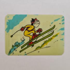 Карманный календарик СССР 1990. Мультфильм, кот на лыжах. Советский календарь Пловдив Болгария