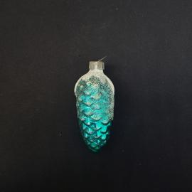 Елочная игрушка винтажная, СССР. Стеклянная шишка бирюзового цвета с белым декором