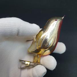 Елочная игрушка винтажная, СССР. Стекло, прищепка, фигурка птички в золотисто красных тонах