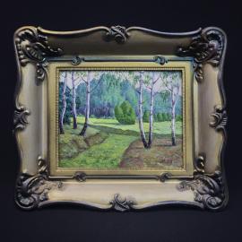 Картина винтажная, СССР. Пейзаж в декоративной рамке, автор Коньков А. Е. Серенада среди берез