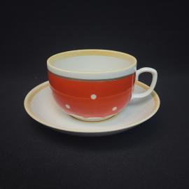 Чайная пара винтажная, СССР. Фарфор, красная чашка с белым горохом и блюдцем