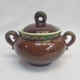 Сахарница винтажная, СССР. Керамика, с крышкой и двумя ручками, коричнево зеленая глазурь