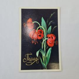 Открытка советская СССР, старинная. Поздравляю, цветы лилии на черном фоне. Винтаж, 1974