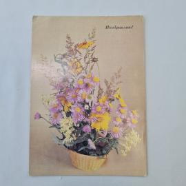 Открытка советская СССР, старинная. Поздравляю, букет полевых цветов в корзине, винтаж