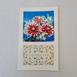 Открытка советская СССР, старинная. Поздравляю, цветы георгины на синем фоне, винтажная