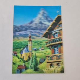 Открытка старинная, винтажная. Альпийская церковь и горный пейзаж, объемное изображение
