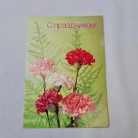 Открытка советская СССР, старинная. Поздравительная, гвоздики и надпись С праздником. Винтаж