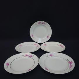 Тарелки винтажные, СССР. Набор 5 шт., фарфор, розовый цветочный декор, Riga porcelain