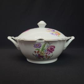 Супница винтажная, СССР. Фарфор Дулево, с крышкой, цветочный декор
