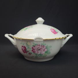 Супница винтажная, СССР. Фарфоровая с крышкой, с цветочным декором и позолотой