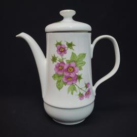 Кофейник винтажный, СССР. Фарфор Kahla, белый с цветочным декором и крышкой