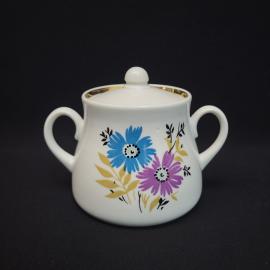 Сахарница винтажная, СССР. Фарфор, с крышкой, цветочный декор, позолоченный кант