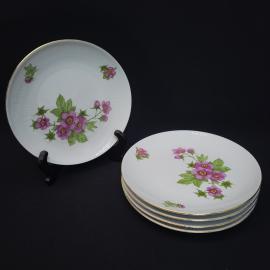 Тарелки винтажные, СССР. Набор 5 шт., фарфор Kahla, цветочный декор, позолоченный край